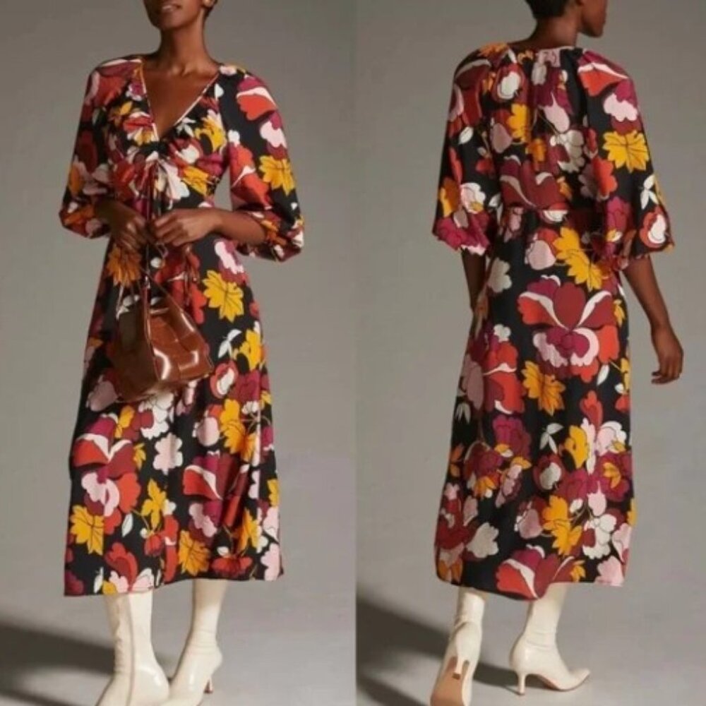 *NWT* Anthropologie Maeve Deep-V Ruched Midi Floral Dress 3/4 Sleeves Size 4